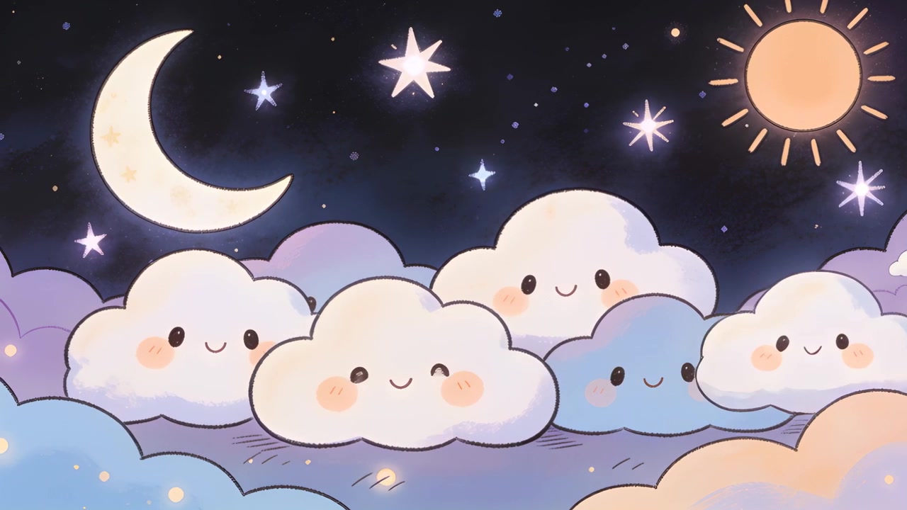Loop starting, five clouds bobbing in night sky with moon sun stars, sparkles drifting, calming