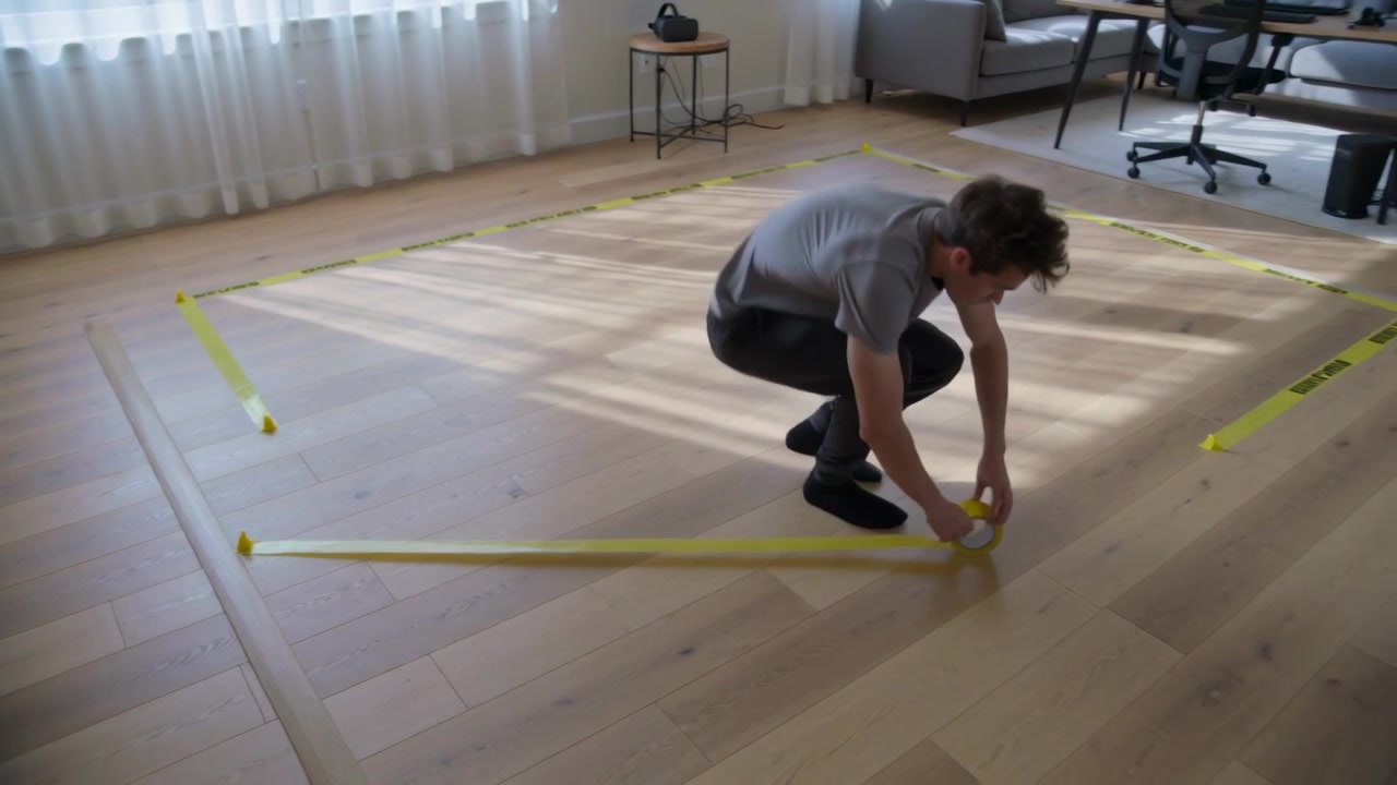 Pulling yellow tape, man in gray tee applying tape marking rectangle on wooden floor at home