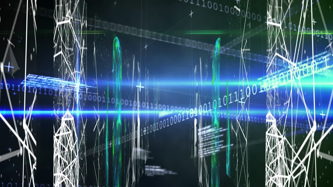 검은색 배경에 있는 데이터 처리, 조명 및 모양의 애니메이션