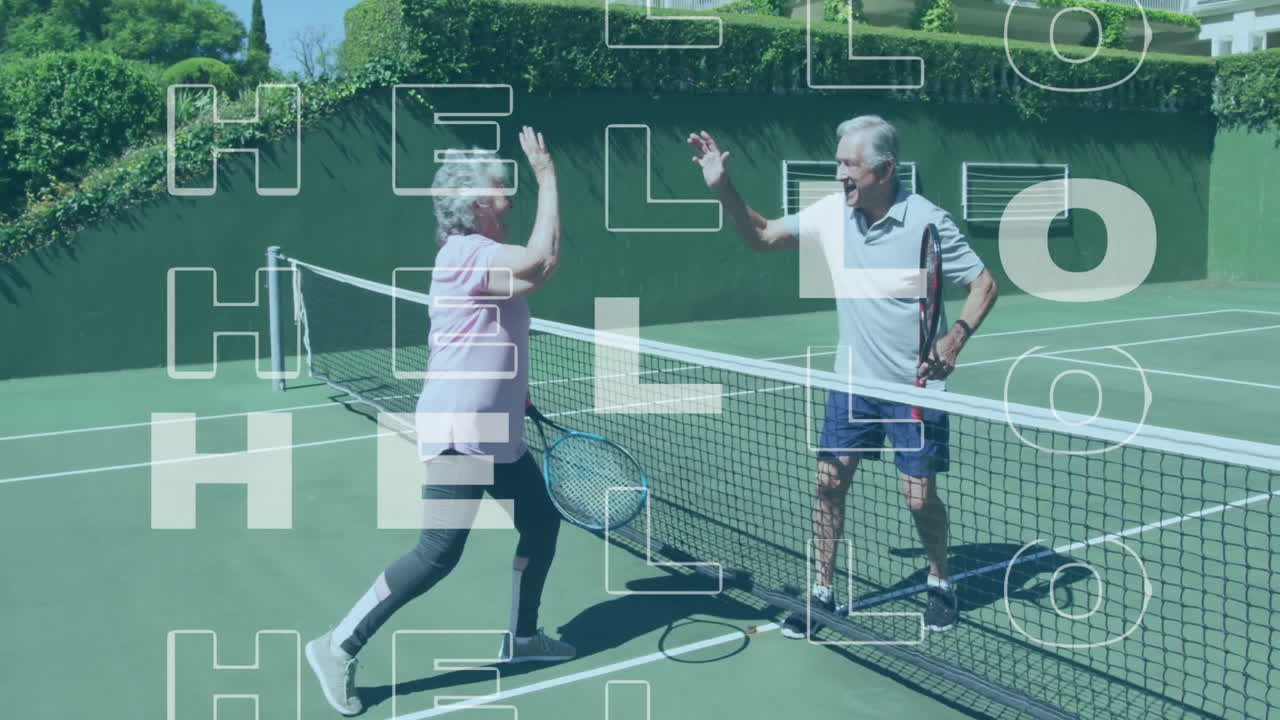 Senior couple exchanging high-five on outdoor tennis court, showcasing animated ball trajectory