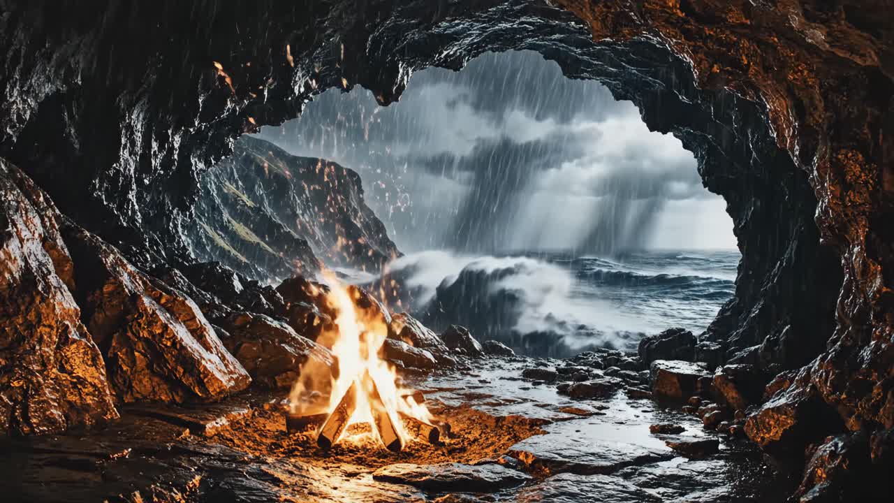 Cave View of a Stormy Ocean with a Campfire