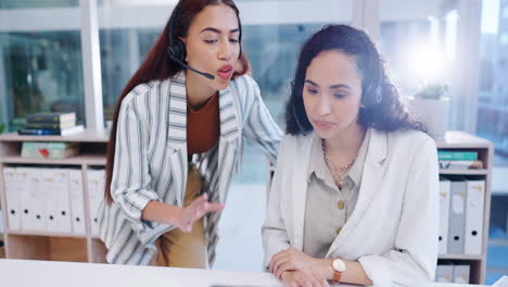 call center, women and training at laptop