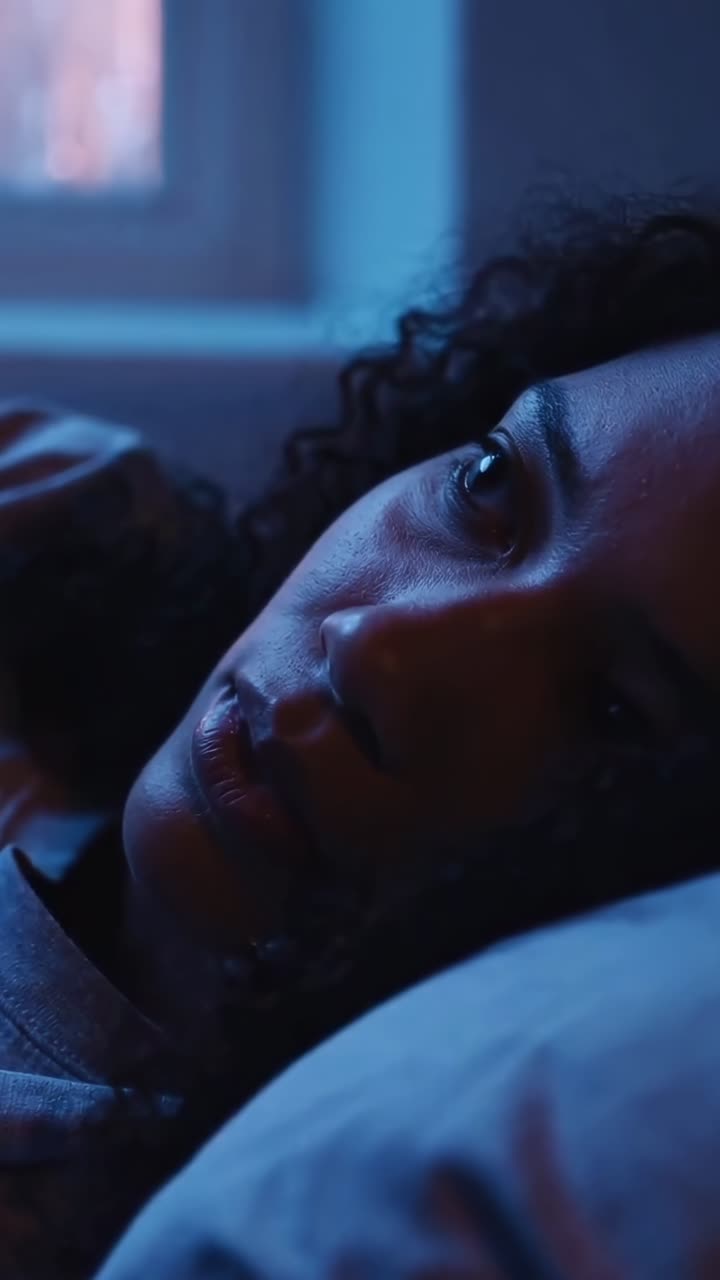 Video ravvicinato di una persona sdraiata a letto, con una tenue illuminazione blu e un’angolazione intima.