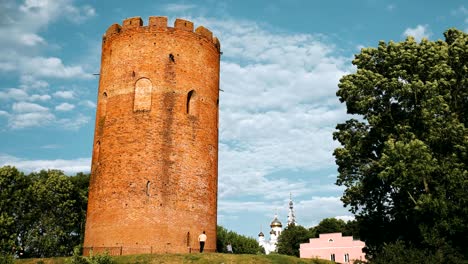 kamyenyets, brest region, belarus. tower of kamyenyets in sunny summer day with green grass in foreground. zoom, zoom in