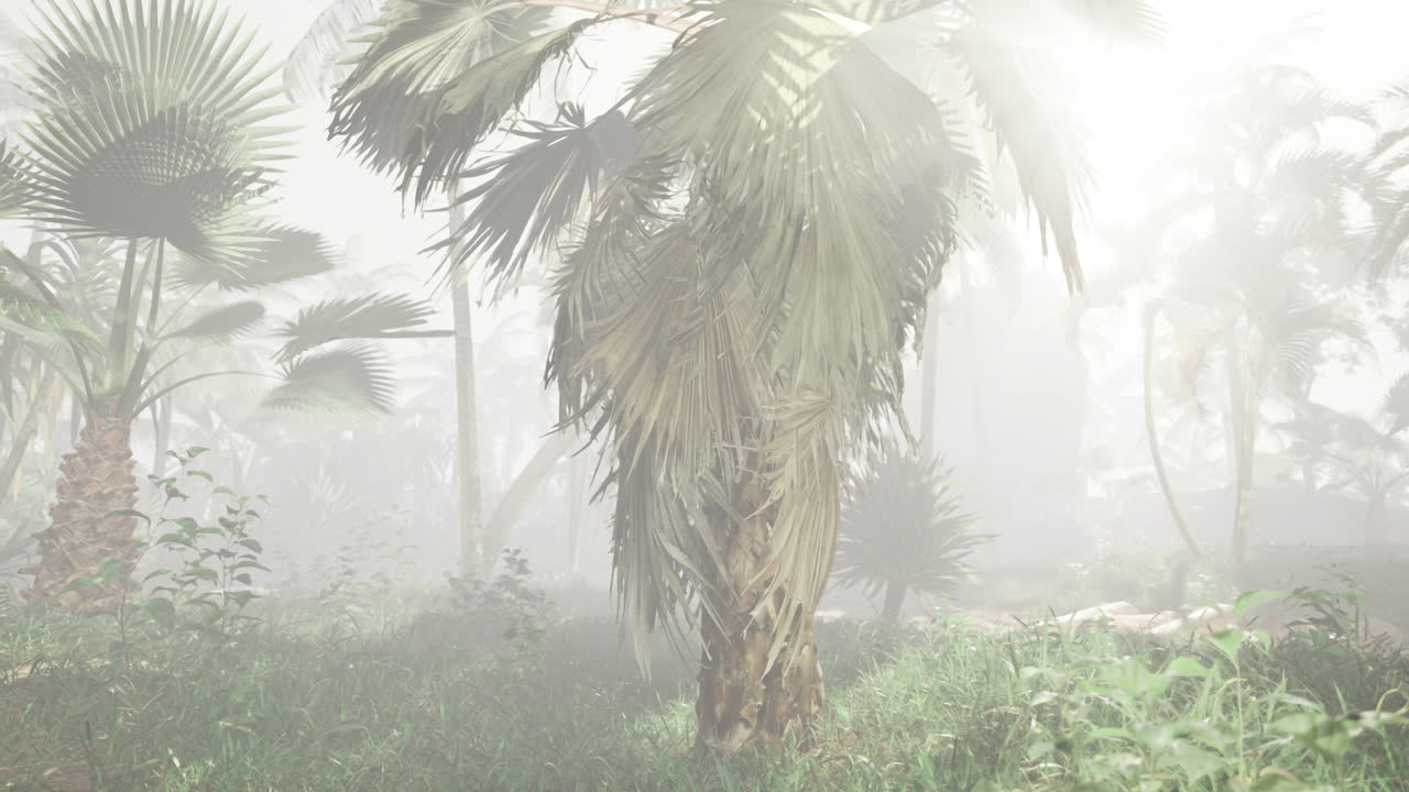 Misty tropical forest with palm trees and dense undergrowth in early morning