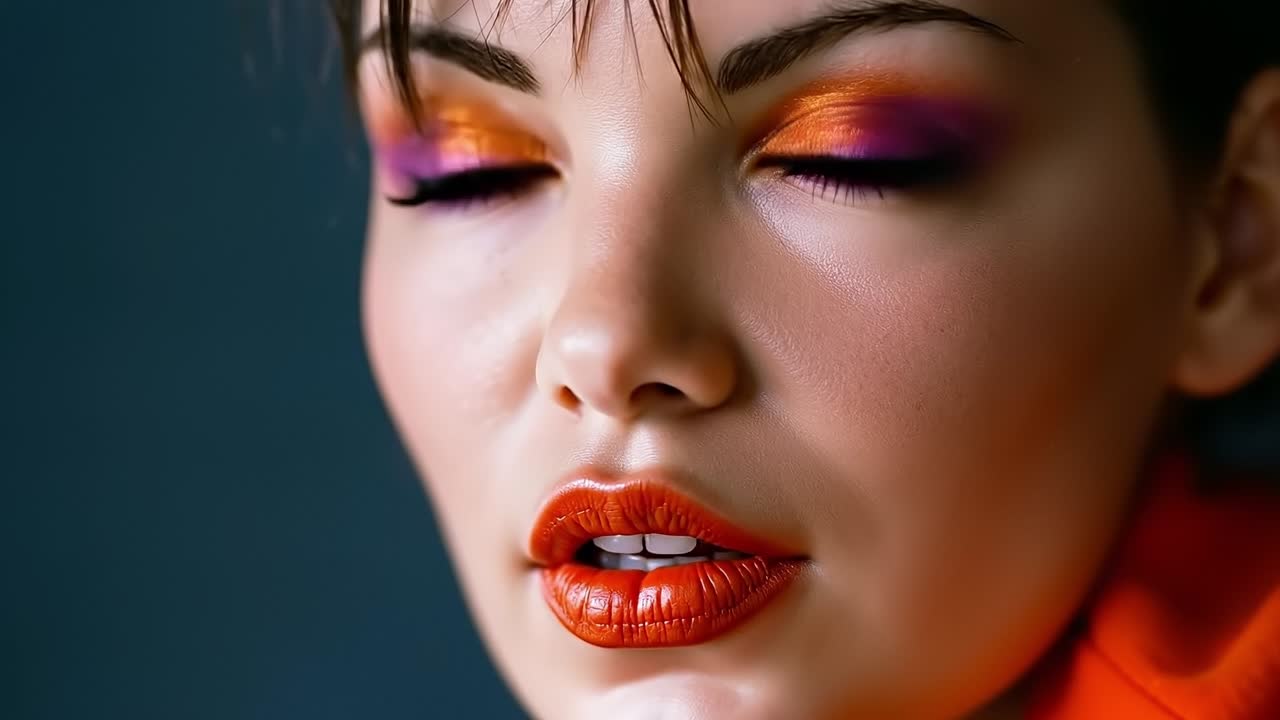 A close up of a woman's face with bright orange lipstick