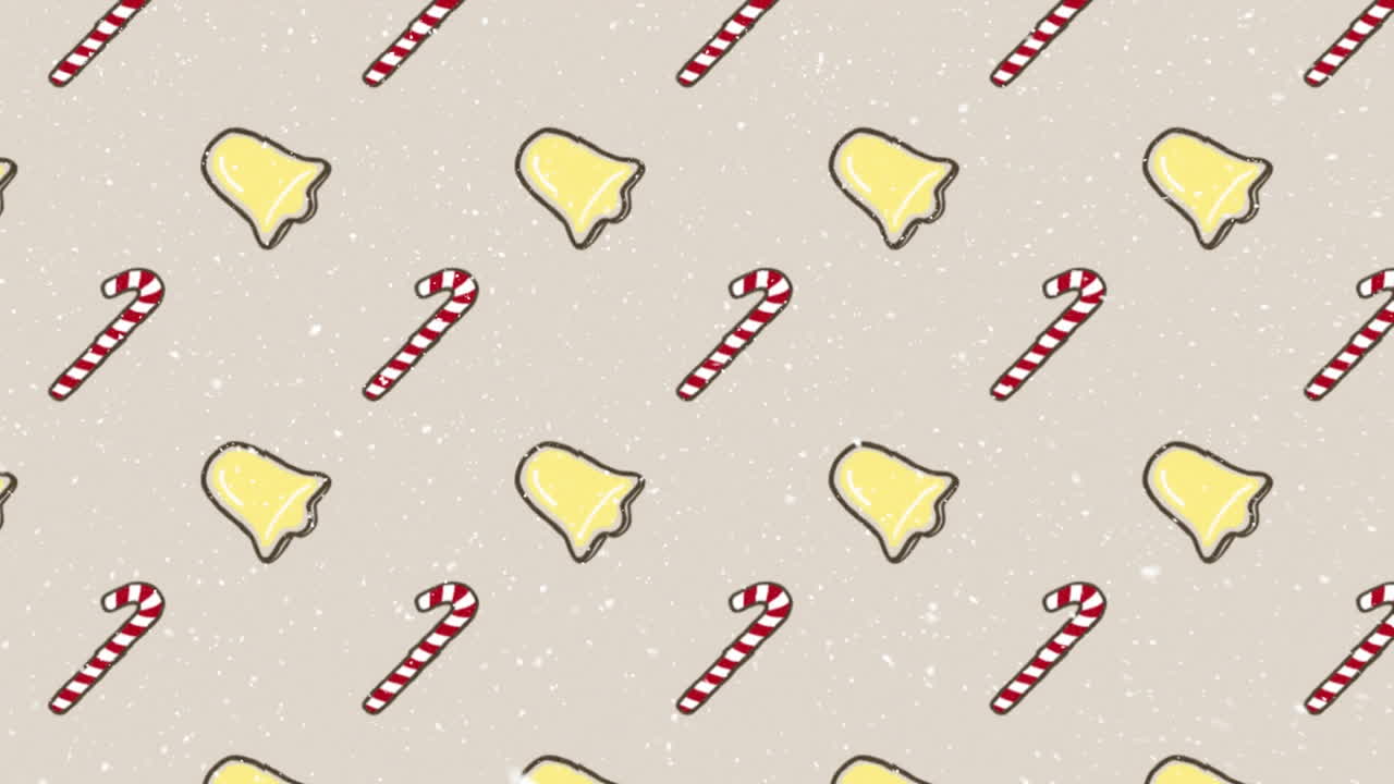 베이지색 배경에 종과 사탕 막대기가 있는 크리스마스 패턴 위에 내리는 눈의 애니메이션