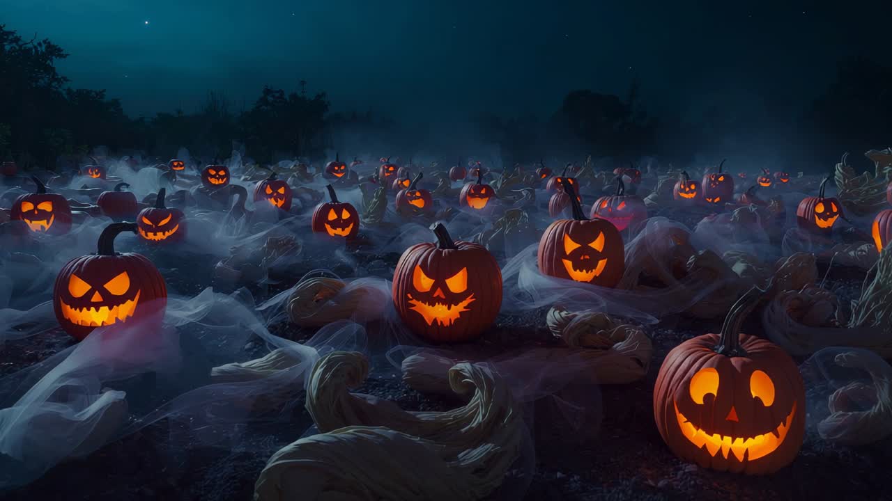 Nightfall settling over pumpkin patch, illuminating carved pumpkins flickering amidst vines and fog