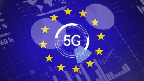 Animation-of-5g-text-over-round-scanner-and-spinning-stars-against-statistical-data-processing