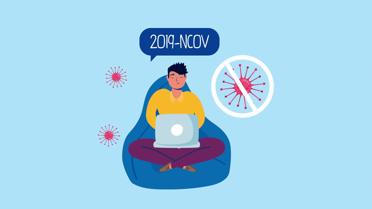 코로나19를 막기 위해 소파에서 노트북을 사용하는 남자