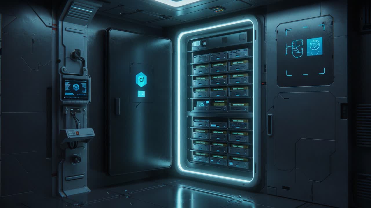 Futuristic Data Storage Room: A Glimpse into Advanced Technology with State-of-the-Art Servers and Neon Accents in a High-Tech Environment
