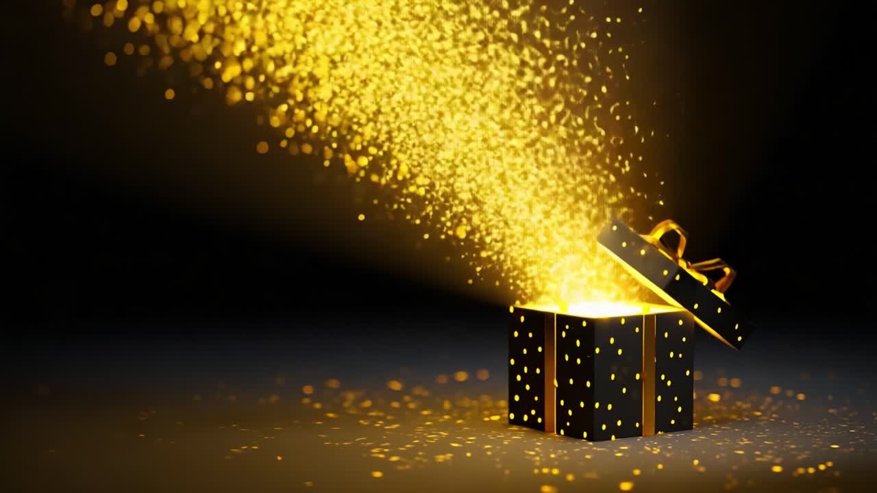 Un pacco regalo nero e brillante si apre, rivelando un magico scoppio di scintille dorate che riempiono l'aria di incanto e un senso di meraviglia, perfetto per feste e momenti speciali