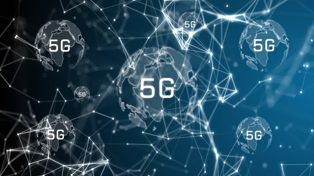 animazione di globi rotanti, connessioni e 5g su sfondo blu