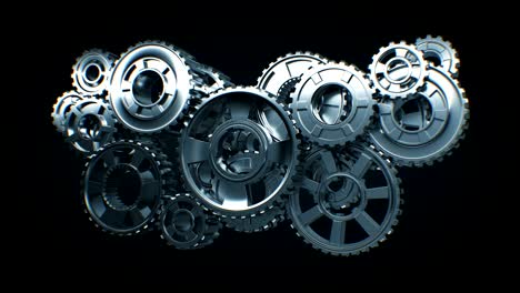 beautiful reflective metal gears turning in abstract working mechanism on black background seamless. looped 3d animation alpha matte. teamwork business and technology concept.