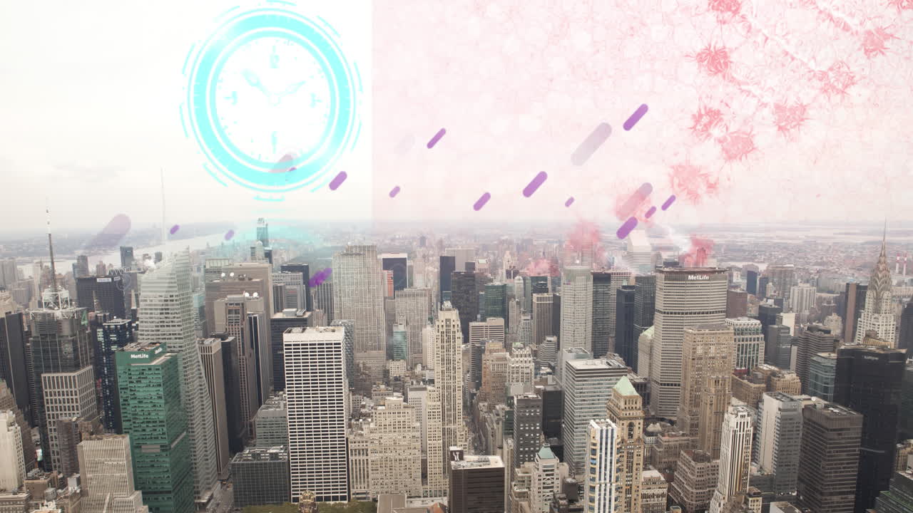 Animation of moving clock, purple lines and dna strand over cityscape
