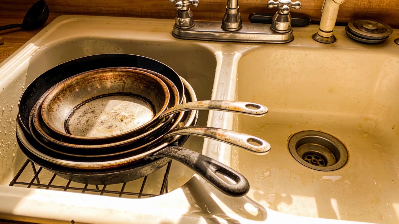 Une pile de casseroles métalliques posées sèche sur l'évier de gauche après avoir été rangées, avec un égouttoir, la caméra zoomant.