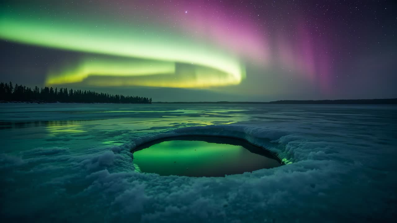 Brightening aurora forming ring over treeline at frozen lake, reflecting in circular ice hole