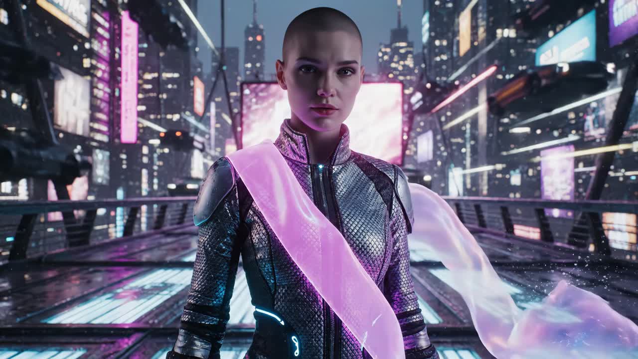 Cyberpunk Futuristic Woman in Dystopian Cityscape