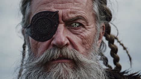 close up portrait of a weathered man with an eyepatch and long braided hair