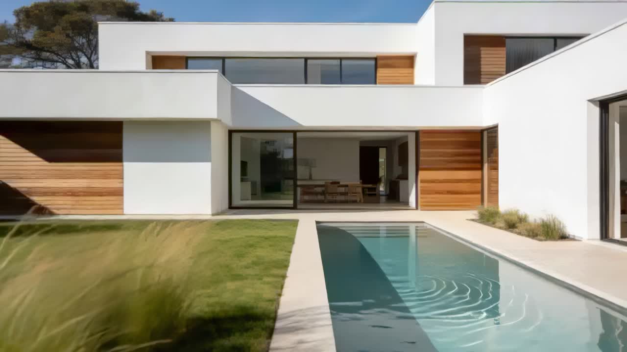 Piscina rectangular de natación con ondas junto a una casa moderna de dos pisos y hierbas meciéndose por la brisa ligera