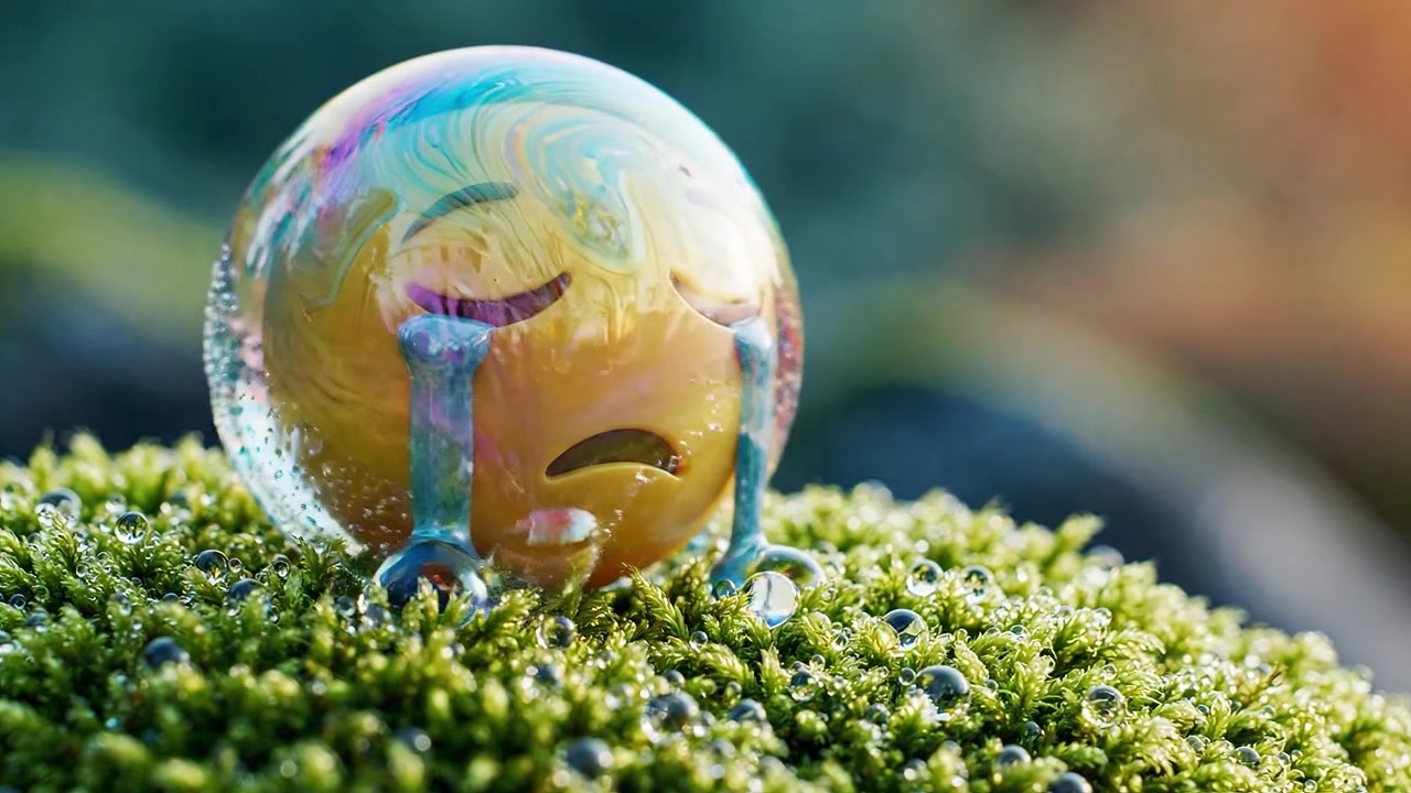 Uma Bolha Expressiva Melancólica com um Redemoinho Colorido Refletindo Tristeza, Descansando em Folhagem Bokeh com Gotas de Orvalho e Iluminação Suave no Abraço da Natureza