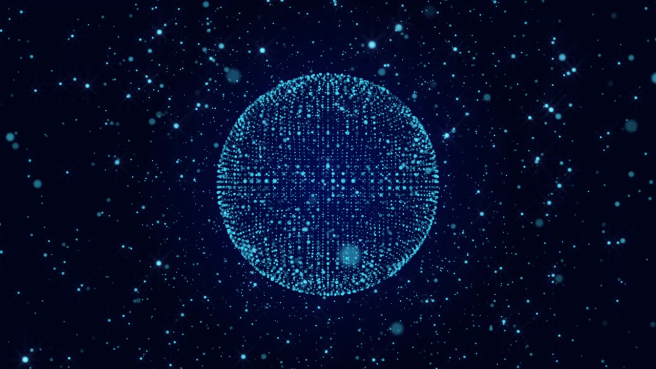 Abstract Digital Sphere Rotating in a Field of Glowing Particles