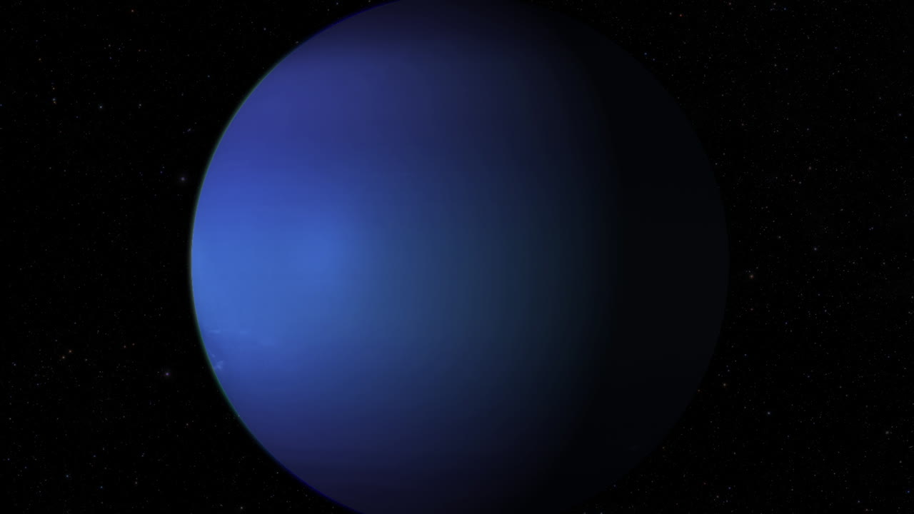CGI-komposit: inzoomning på planeten Neptunus, halvbelyst med en stjärnbeströdd bakgrund