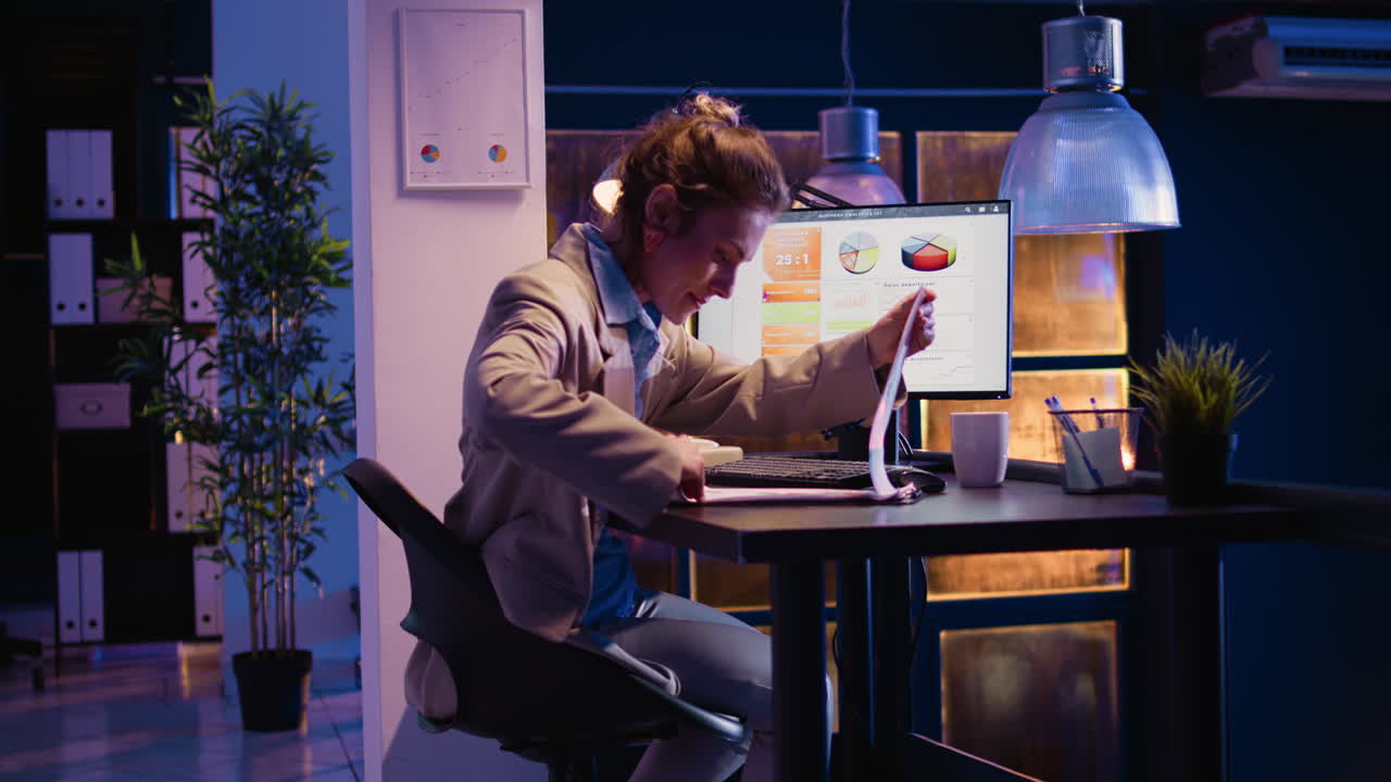 Kvinde, der arbejder ved et skrivebord på et kontor