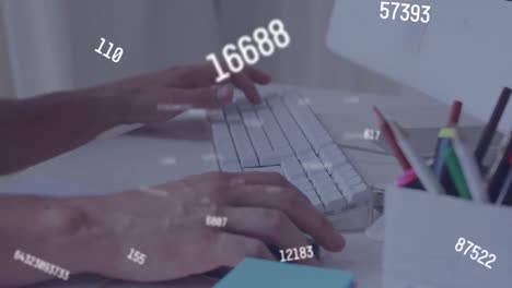 animación de múltiples números cambiantes contra la sección media de un hombre escribiendo en el teclado