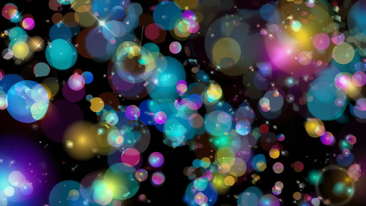 Sequence starting, drifting vivid glowing discs forming denser glow cluster on black void, sparkles