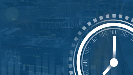 animación del reloj, el cambio de números y el procesamiento de datos estadísticos contra el paisaje urbano