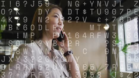 animation of data processing over asian businesswoman using smartphone