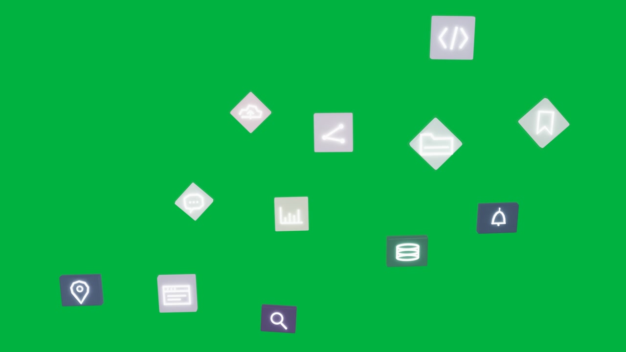 Map-pin spawning, UI icons rising, clustering, rotating, dispersing to demo features on transparent