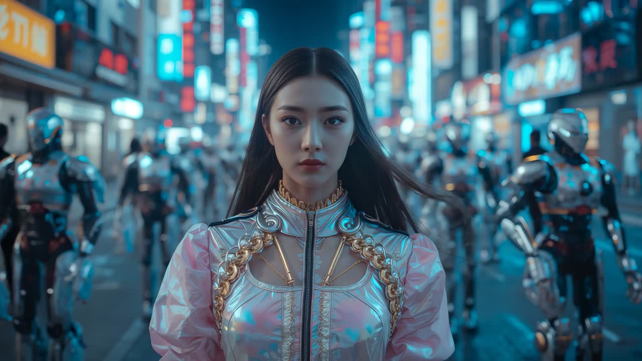 Standing woman in iridescent jacket facing lens on neon street, with robots appearing and marching