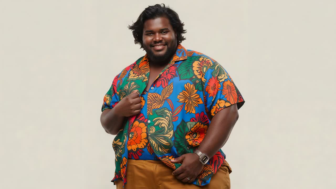 Uomo in posa mentre una telecamera lo riprende, che modifica la postura in uno studio color crema, mostrando una camicia a fiori e pantaloni color cuoio