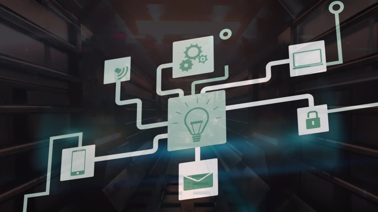 animación de múltiples iconos que forman diagramas de flujo y se mueven en túnel.