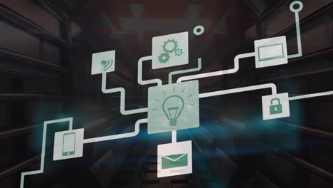 Animation of multiple icons forming flow charts and moving in tunnel