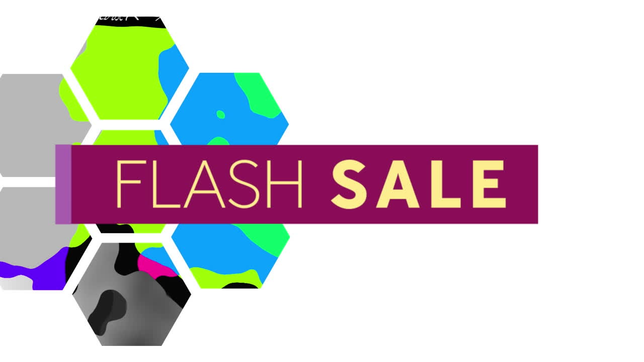 Animation of text flash sale in purple banner, with swirling colours in hexagons, on white