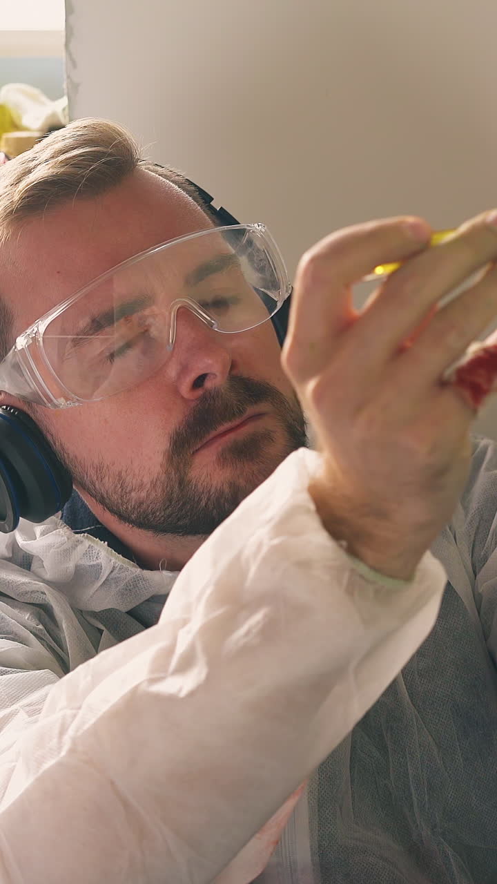 CU, Dolly cam shot: unskilled constructor in modern headphones repairs plug and passes out getting electric shock in room