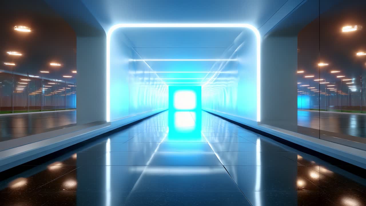 A Journey Through a Futuristic Passageway Highlighted by Neon Lights: Transitioning from a Minimalist Aesthetic to a Bright Portal of Light in a Modern Architectural Space