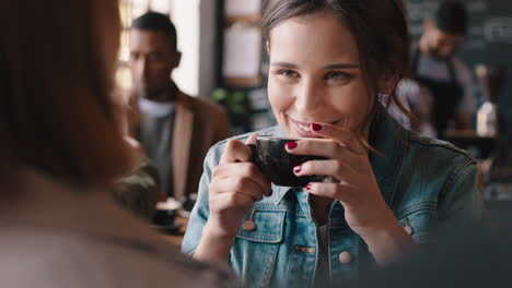 schöne frau unterhält sich mit einem freund in einem café, trinkt kaffee, unterhält sich, genießt das gespräch, verbringt zeit in einem belebten restaurant