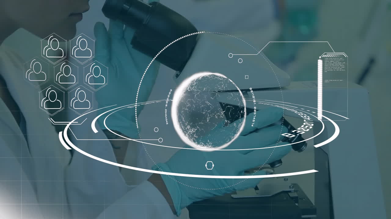 Female scientist adjusting microscope eyepiece in science lab using globe overlay and network icons