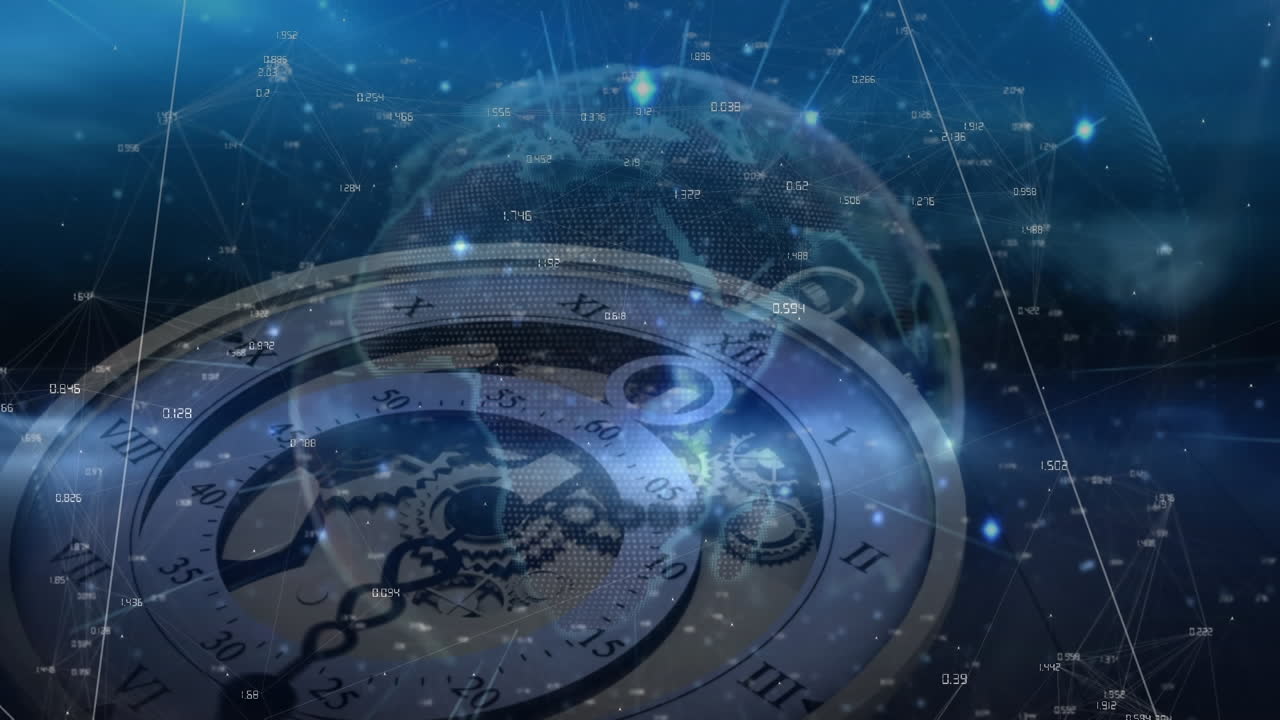 animación de redes de conexiones y globo sobre el reloj moviéndose rápidamente