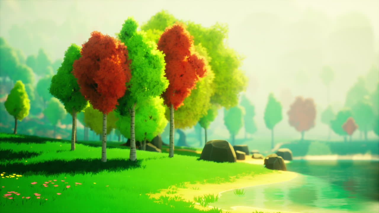 colorido bosque de dibujos animados al atardecer