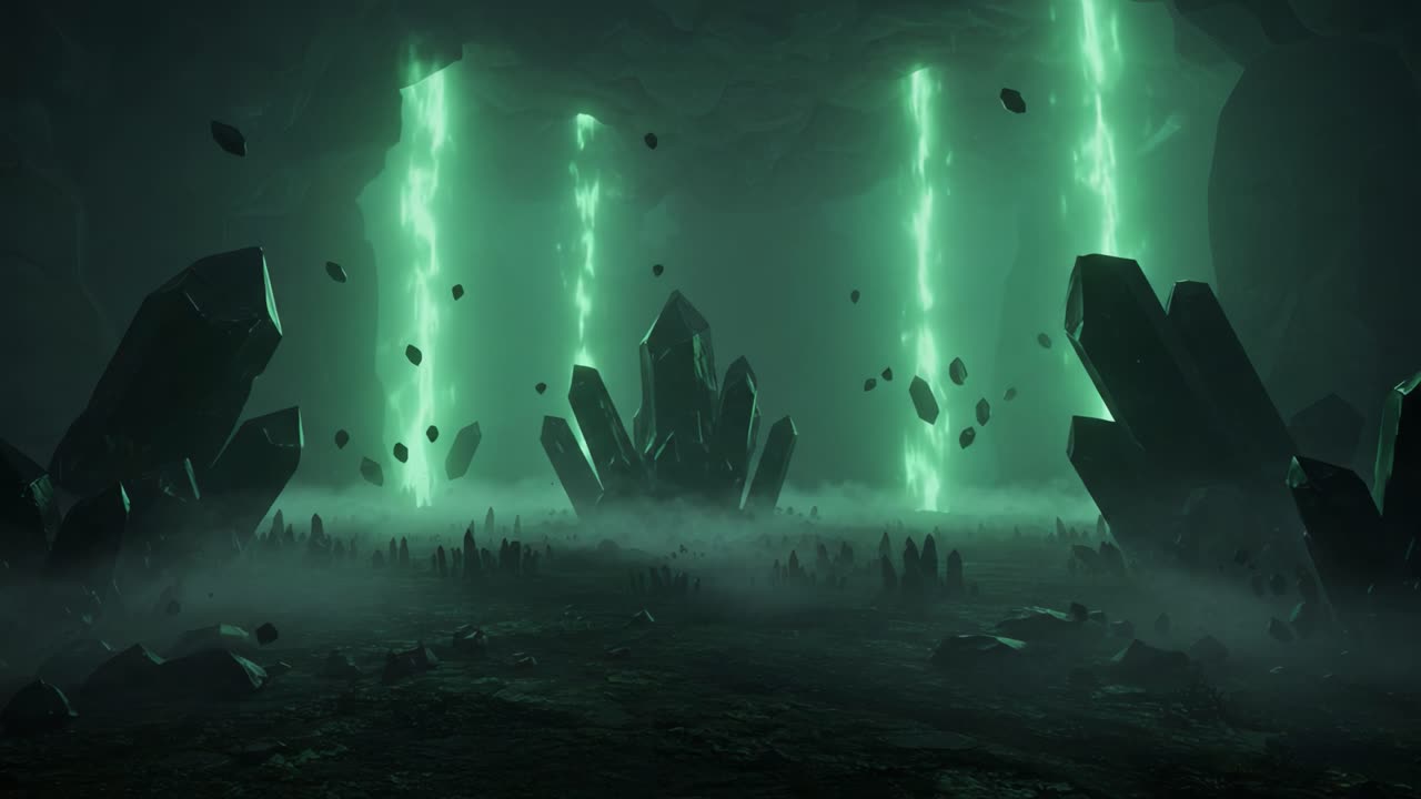 A Mystical Cave Scene with Mesmerizing Green Crystals and Ethereal Light Beams, Creating an Enchanting and Otherworldly Atmosphere in a Forgotten Realm