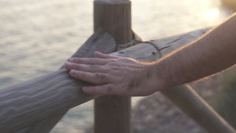 the hand of a man caresses and sinete the touch of a trunk as a railing during a sunset on the coast, in the background of the image you can see the sea