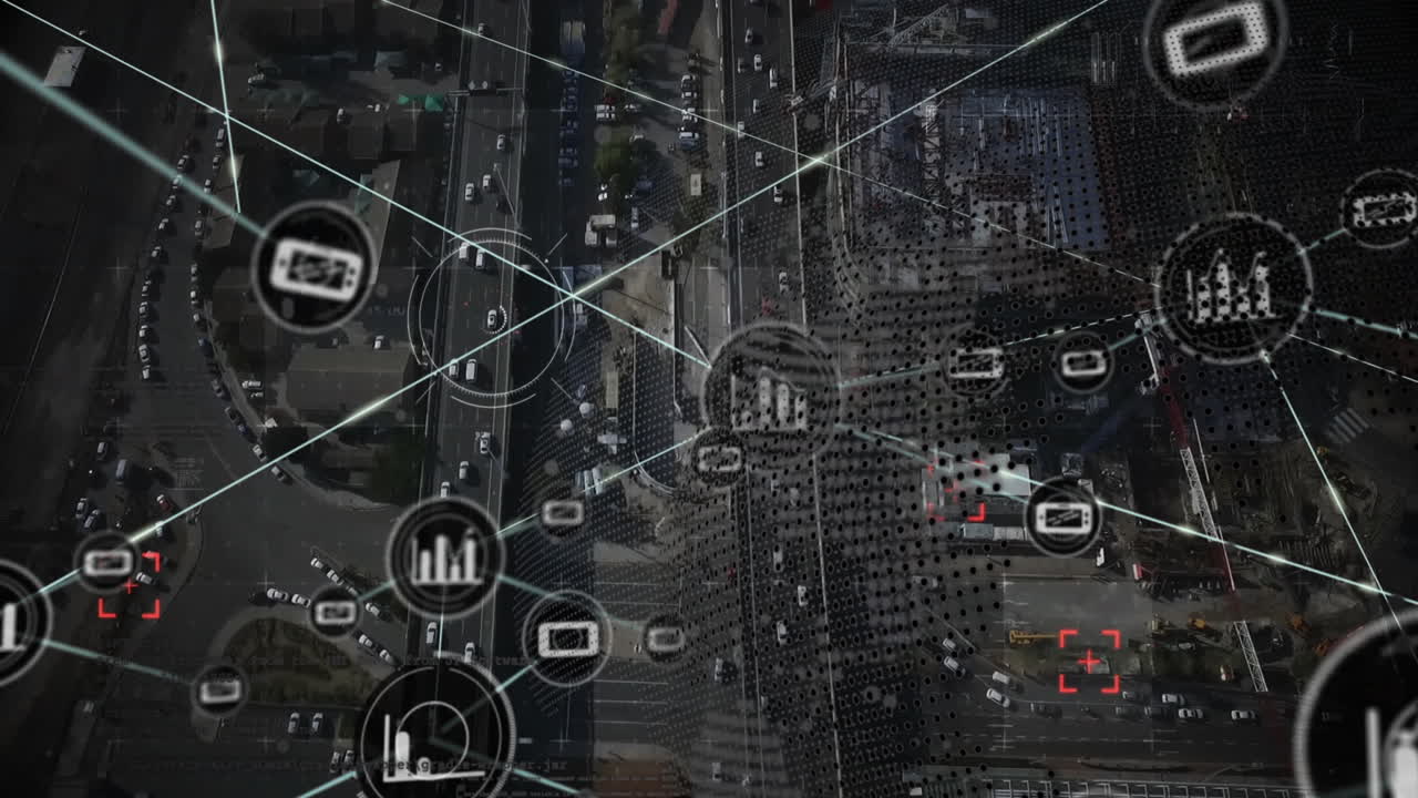 animación de una red de iconos digitales sobre un globo giratorio frente a una vista aérea del paisaje urbano.