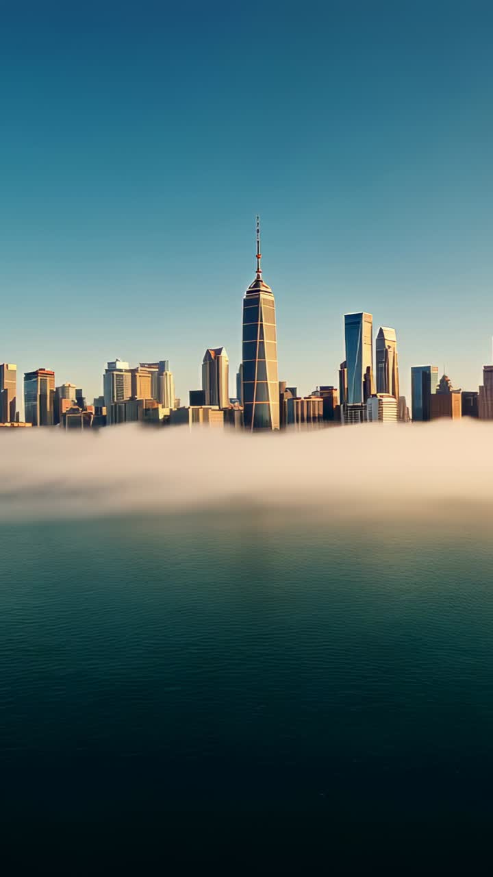 Vertical video: Light breeze shifting fog, central antenna skyscraper revealing bases at waterfront