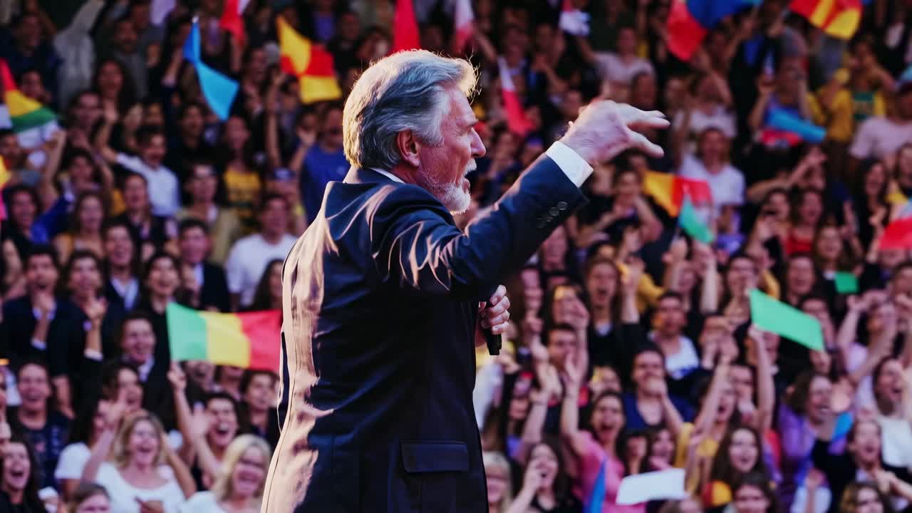 큰 열정적 인 청중 들 에게 연설 하는 연설자