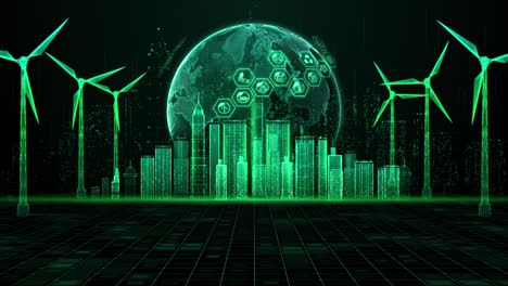 hologram wind turbine green energy concept, renewable energy production for green ecological world, wind farm technology abstract background, seamless loop 4k